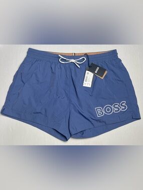Hugo Boss Blue Quick-Dry Swim Shorts with White Drawstring L